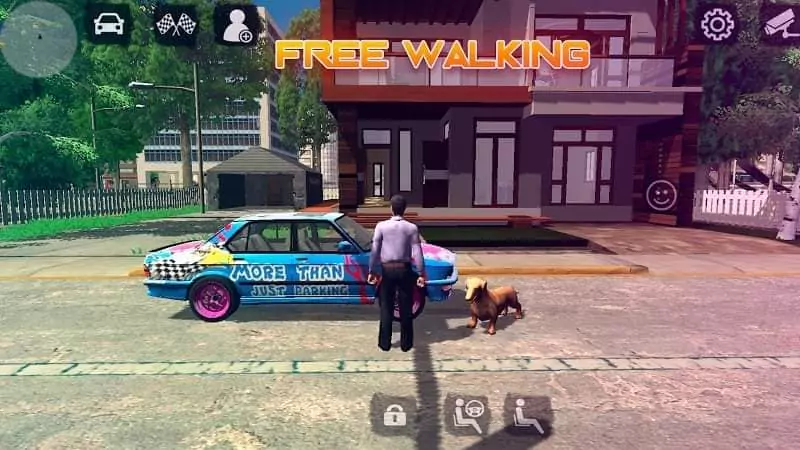 free walking option in car parking multiplayer where a boy and dog walking freely and investigating the world