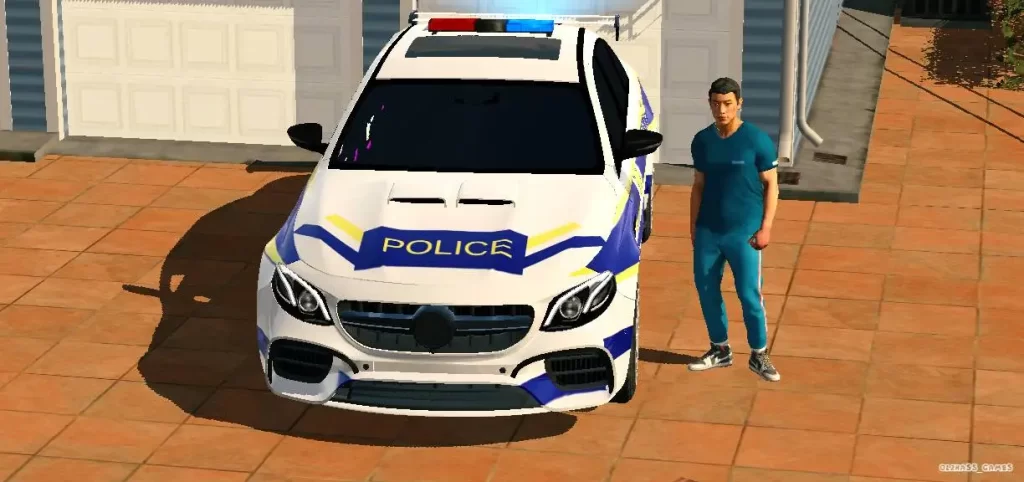 A boy and a police car in car parking multiplayer mod apk