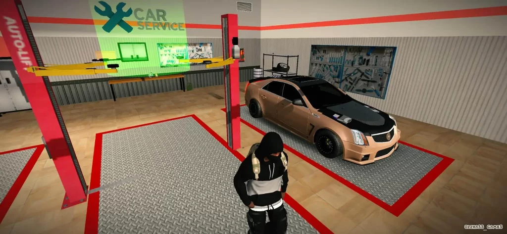In car parking multiplayer for iOS a rose gold car standing on a car service station and a boy.