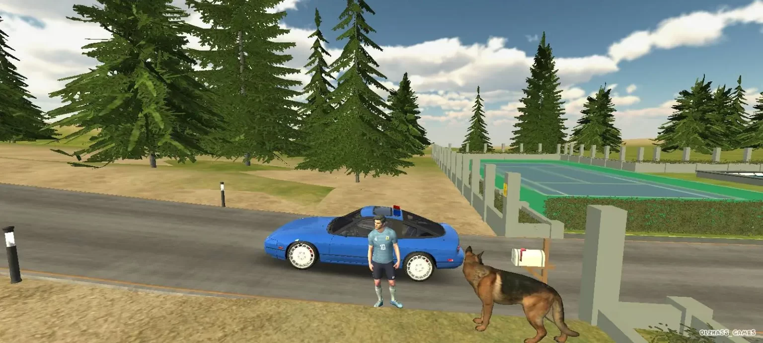 Walk Free Mode In Car Parking Multiplayer Mod APK  where a man and a dog is satnding outside in a beautiful environment taking picture and having fun