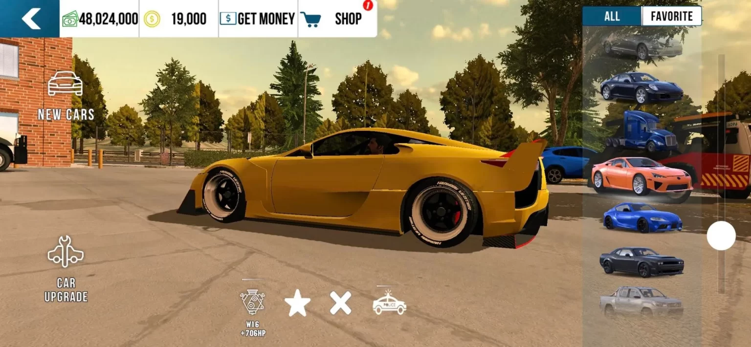 Vehicle Upgrade in car parking multiplayer MOD APK - Yellow car on a garage for upgrade with other car options.